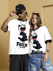 Felix The Cat X SHEIN Áo thun nam cổ tròn tay ngắn in chữ và hình mèo, mùa hè - trắng - Xem 1