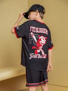 SHEIN Felix The Cat 2pcs/Set Tween Boy Sports & Casual Comfortable Letter Graphic Round Neck Short Sleeve Top And Shorts - Multicolor - View 3