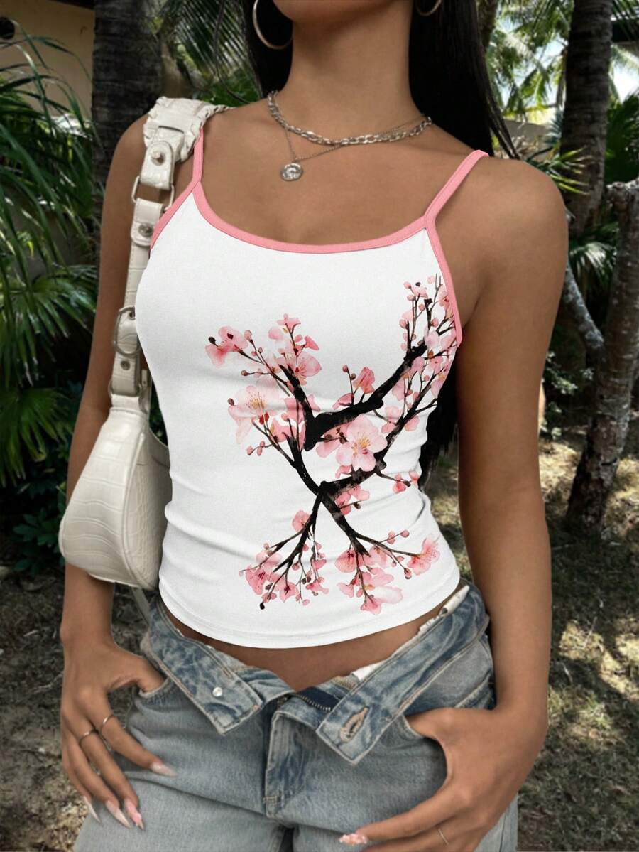 EMERY ROSE Áo hai dây in hình hoa anh đào phong cách Y2K dành cho nữ. - Nhiều màu - Xem 1