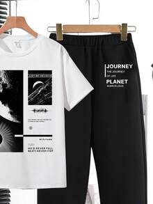 男童新款休闲简约Y2K风格宇航员元素运动撞色短袖长裤两件套，适合春夏日常休闲穿着 - 黑與白 - 查看 5