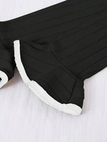 Tween Girl Round Neck Bell Sleeve Ribbed Casual Comfortable Breathable T-Shirt Set - Black - View 5