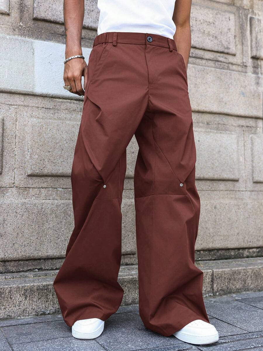 PAVTROS 男士休闲宽松阔腿铆钉裤 棕色裤子 棕色宽松牛仔裤 超大码裤子 男士宽松阔腿裤 棕色裤子 - 紅色 - 查看 1