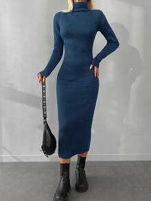 EURMUSE Autumn/Winter Casual Solid Color Turtleneck Fitted Knit Dress - Blue - View 3