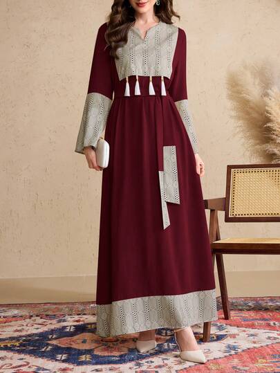 Al Najma Women's Elegant Arabic Style Splice Fringe Sleeve Long Dress, Arabian Dresses