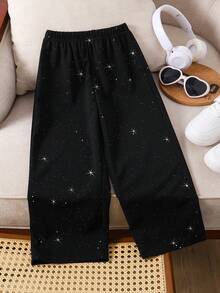 SHEIN ChillGRL Young Girl's Woven Letter Graphic Casual Straight Leg Pants - Black - View 4
