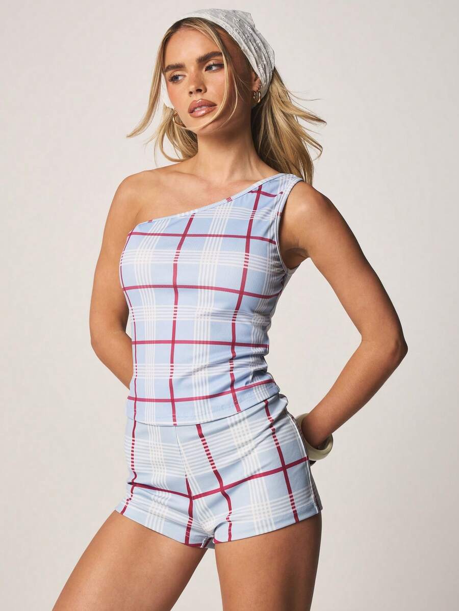 MISSGUIDED 单肩格纹背心，罗纹修身无袖夏季休闲基础款学院风上衣 - 彩色 - 查看 1