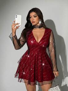 Viva Relle 大码女式网纱亮片V领系腰修身休闲连衣裙 - 紅色 - 查看 7