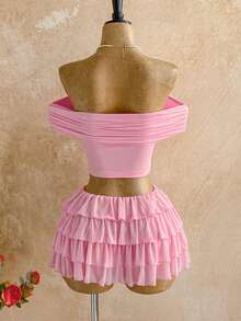 Soleia Bộ gồm áo croptop trễ vai xếp ly và chân váy mini nhiều lớp, phong cách Bohemian, Boho, đi nghỉ mát, trang phục nữ mùa thu, vintage, lễ hội. - Màu Hồng baby - Xem 2
