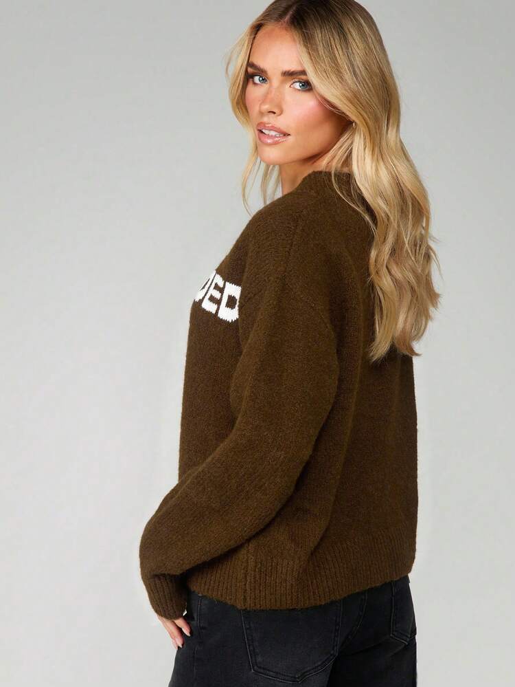 MISSGUIDED Oversized Knit Pullover With Logo Text Print Long Sleeve Crew Neck Fall Winter Casual Sweater