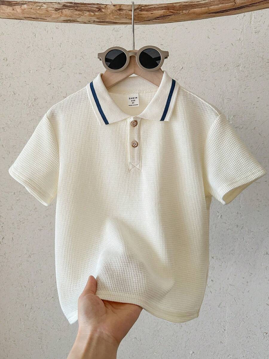男童休闲日常通勤百搭纹理面料撞色条纹饰边短袖Polo衫，夏季 - 米色 - 查看 1