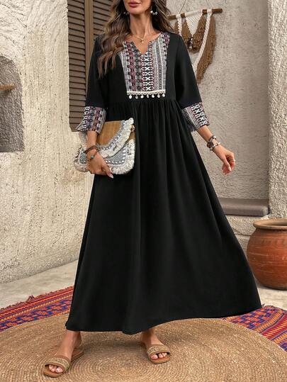 EMERY ROSE Damklänning med V-ringning, casual, vintage, elegant, lös, lång