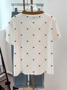 Resyla Women's Heart & Polka Dot Allover Diamond Pattern Round Neck Short Sleeve T-Shirt - White - View 2