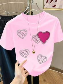 Resyla 女士休闲百搭心形串珠圆领短袖T恤 - 粉色 - 查看 5