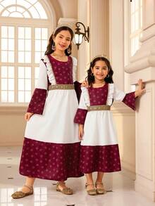 Young Girls' Middle Eastern Style Digital Print Patchwork White Woven Fabric Dress, Elegant & Cute For Professional, Religious, Holiday, Everyday Wear, Spring/Summer/Autumn/Winter New Floral Pattern Sisterwear - Red - View 8