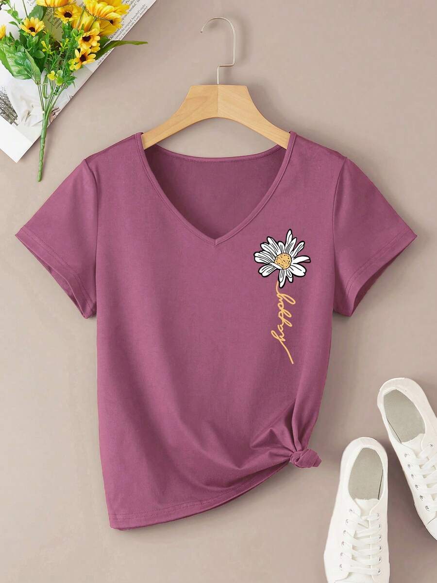 INAWLY Áo thun in hình hoa và chữ, áo thun in hình dành cho nữ. - Bụi tím - Xem 1