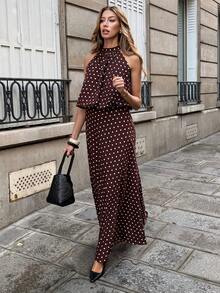 Pariaura Women's Summer Vacation Two-Piece Outfits, Women's Valentine's Day Two-Piece Outfits, Women's Carnival Two-Piece Outfits, Women's Elegant Two-Piece Outfits, Women's Vacation Two-Piece Outfits, Women's Polka Dot Two-Piece Outfits, Women's Brown Two-Piece Outfits. - Brown - View 1