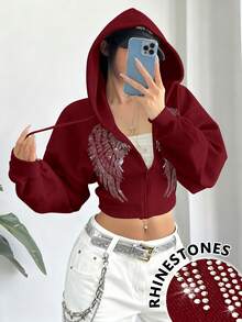 StreetHx 女式韩版宽松热销钻石拉链开衫短款卫衣长袖上衣外套 - 酒紅色 - 查看 3