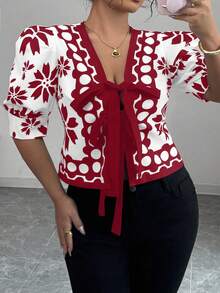 Elenzga Plus Size Bowknot Colorblock Short Sleeve Shirt With Digital Print, Unique Design, Vacation Style - Red and White - View 6