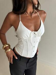 Aloruh Women's Casual Elegant Sexy Romantic Date Y2K Bowknot Halter Backless Camisole Top, Spring/Summer - White - View 5