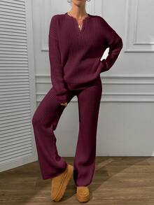 EURMUSE V Neck Sweater And Pant Casual Elegant - Burgundy - View 6