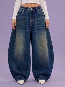 COUREZ 低腰宽松牛仔裤，浅蓝色水洗，街头休闲，Y2K风格，休闲音乐节风格，棉质牛仔布，复古棉质 - 藏蓝色 - 查看 6