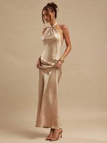 SHEIN BAE Gold Textured Backless Dress For Women, Elegant Summer Sexy Party Dress, Suitable For Nightclub, Brunch, Wedding Guest, Bridesmaid, Vacation Beach - Gold - View 5