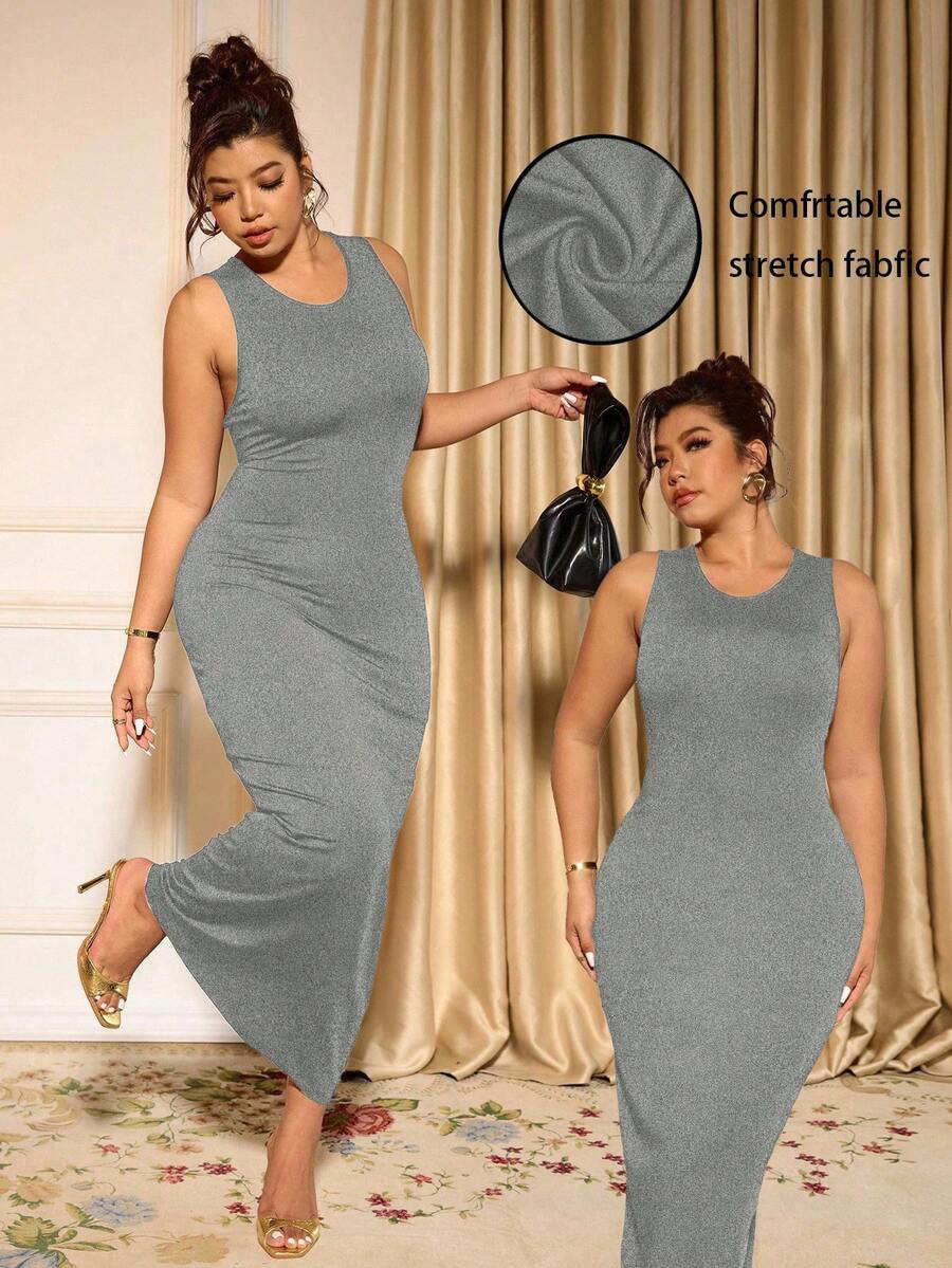 Cravure Gaun Bodycon Panjang Rajut Tanpa Lengan Ukuran Plus Warna Abu-abu Muda dengan Leher Bulat, Model Kasual dengan Detail Kerut dan Belahan di Bagian Bawah, Cocok untuk Bentuk Tubuh Curvy. - Light Grey - View 1
