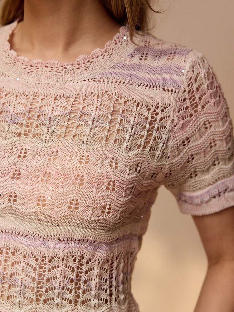 OMBRE HOLLOW-OUT KNIT WOMEN PINK SWEATER, SWEET SUMMER NEW ARRIVAL