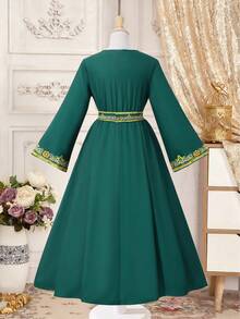 SHEIN Teen Girls Middle Eastern Style Dress,Dark Green Mesh Allover Print Belted Luxury Gown For Autumn Holiday Festivals,Daily Wear & Travel Souvenir - Dark Green - View 2