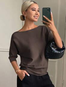 DAZY 女士纯色修身船领半袖休闲优雅针织上衣，秋冬款 - 咖啡棕 - 查看 4