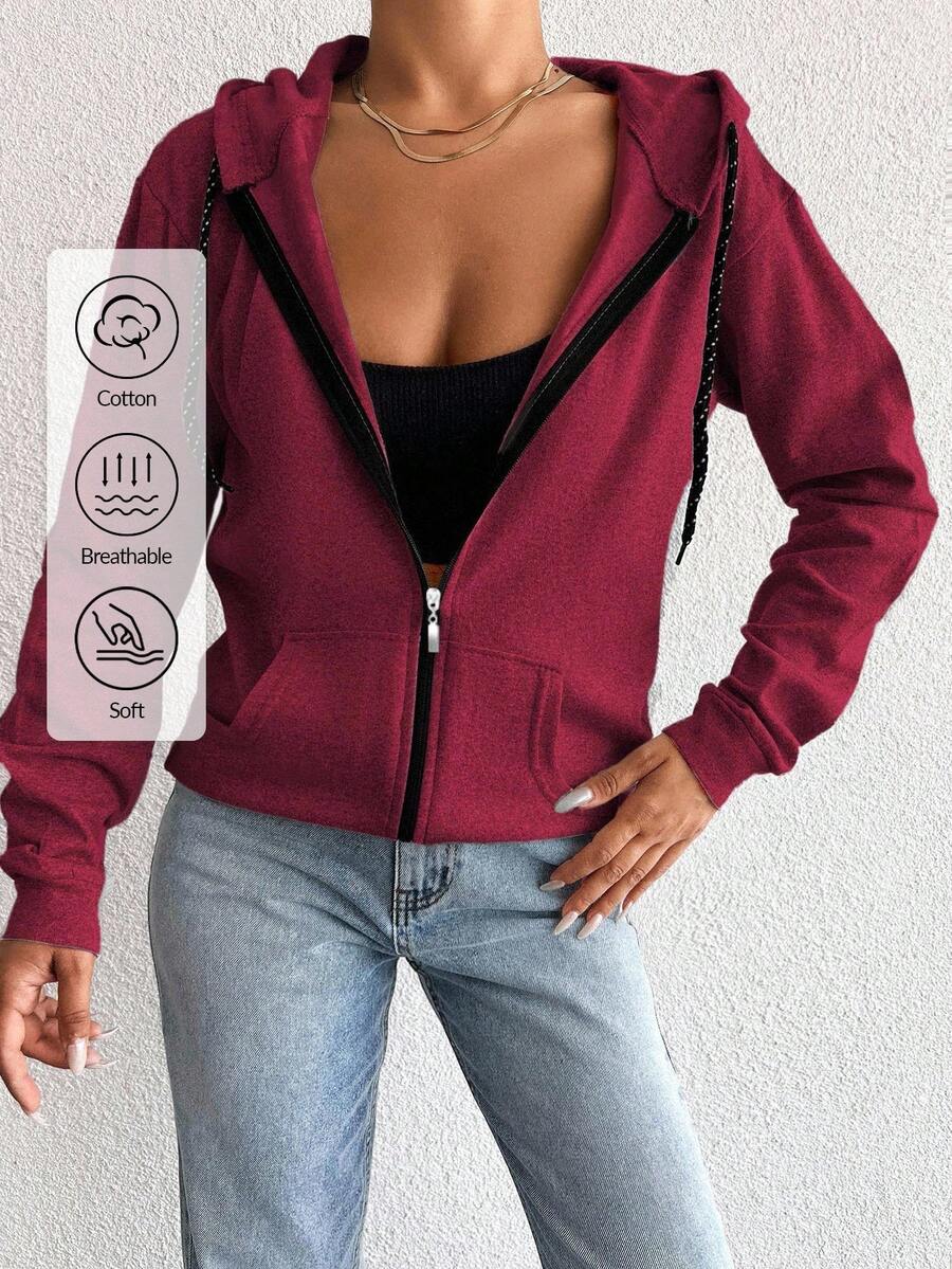 EURMUSE 100%Cotton Zip Up Solid Pocket Front Casual Drawstring Hoodie - Burgundy - View 1