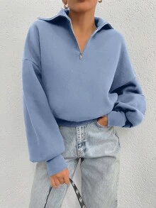 EURMUSE Sudadera oversize de 100% algodón con cuello con cremallera y estampado - Celeste - Ver 4