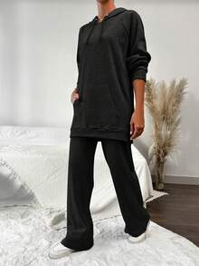 EURMUSE 98%Cotton Women's Solid Color Hooded Drawstring Top And Long Pants Set - Black - View 4
