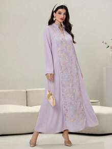 Al Najma Đầm maxi thêu, dệt jacquard, đính cườm - Áo dài truyền thống Thổ Nhĩ Kỳ và Ả Rập dành cho phụ nữ - Màu tím hoa cà - Xem 1