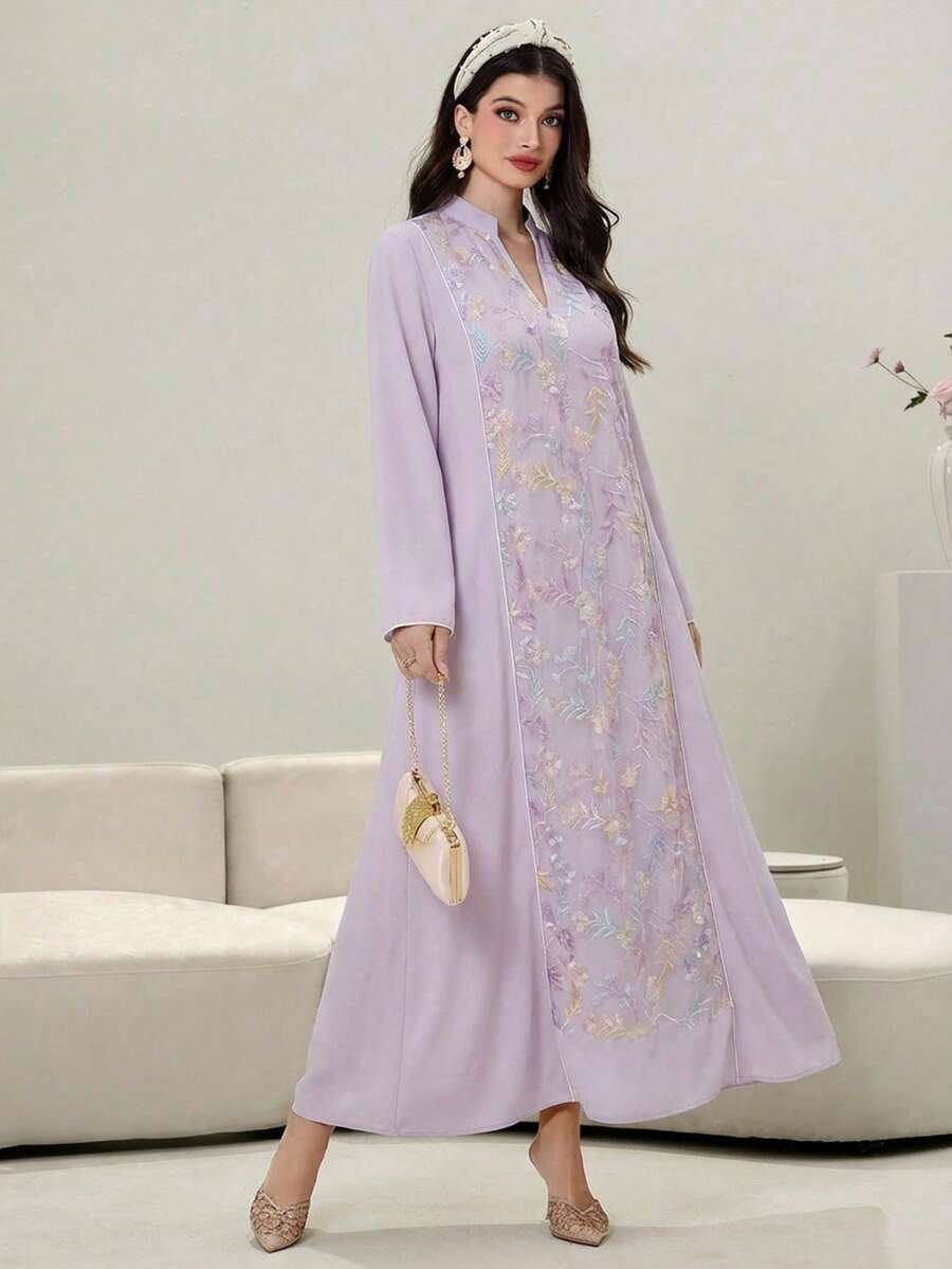 Al Najma Đầm maxi thêu, dệt jacquard, đính cườm - Áo dài truyền thống Thổ Nhĩ Kỳ và Ả Rập dành cho phụ nữ - Màu tím hoa cà - Xem 1