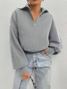 EURMUSE Sudadera oversize de 100% algodón con cremallera y patrón de cuello - Gris - Ver 5