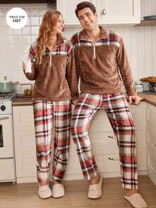 CoupledUp Contrast Plaid Flannel Casual Loose Men's Pajama Set - Brown - View 4