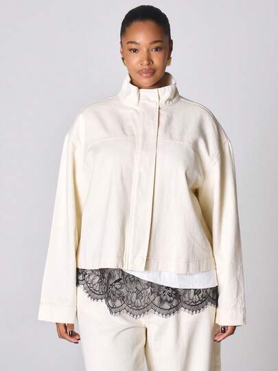 MUSERA High Neck Denim Oversized Jacket NewYear Cute Sexy Going Out Evening Party Accented