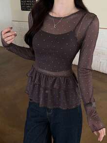 DAZY Women's Casual Sheer Polka Dot Print Long Sleeve T-Shirt,Going Out Tops For Women - White - View 3