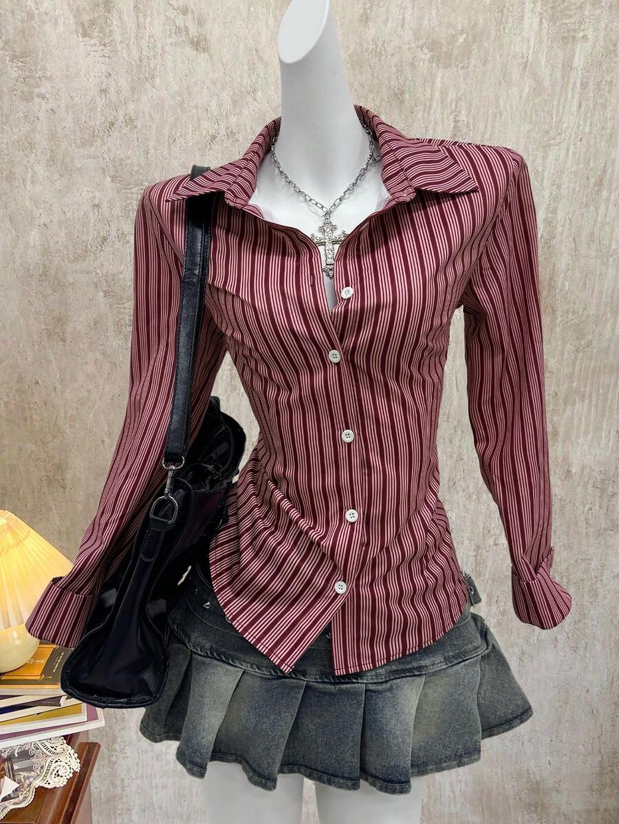 Glimmora Camisa ajustada de manga larga a rayas burdeos con estilo retro chic para mujer - Burdeos - Ver 1