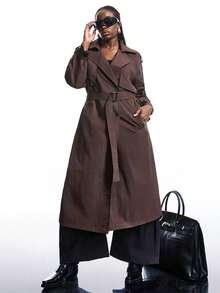 LYSMO Plus Size Plain Color Dual-Breasted Long Casual Trench Coat, Spring/Autumn Winter Fall - Brown - View 6