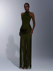 Elitara Elegant, Simple, And Stylish Military Green Stretch Knit Dress With Tassel Embellishments, Stand-Up Collar, Open Back, And Pleated Detailing At The Abdomen. Long Style, Suitable For Weddings, Formal Occasions, And Bridesmaid Dresses.,Wedding Party Dress - Army Green - View 6