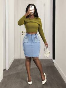 Slaydiva Dam Casual Daglig Pendling Mode Street Chic Rå Kant Patchwork Åtsittande Denim Minikjol, Sommar - Blå - Visa 5