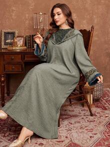 Al Najma Váy dài tay rộng rãi thêu màu tương phản có mũ trùm đầu dành cho phụ nữ ngoại cỡ, mùa xuân/thu - Nhiều màu - Xem 5