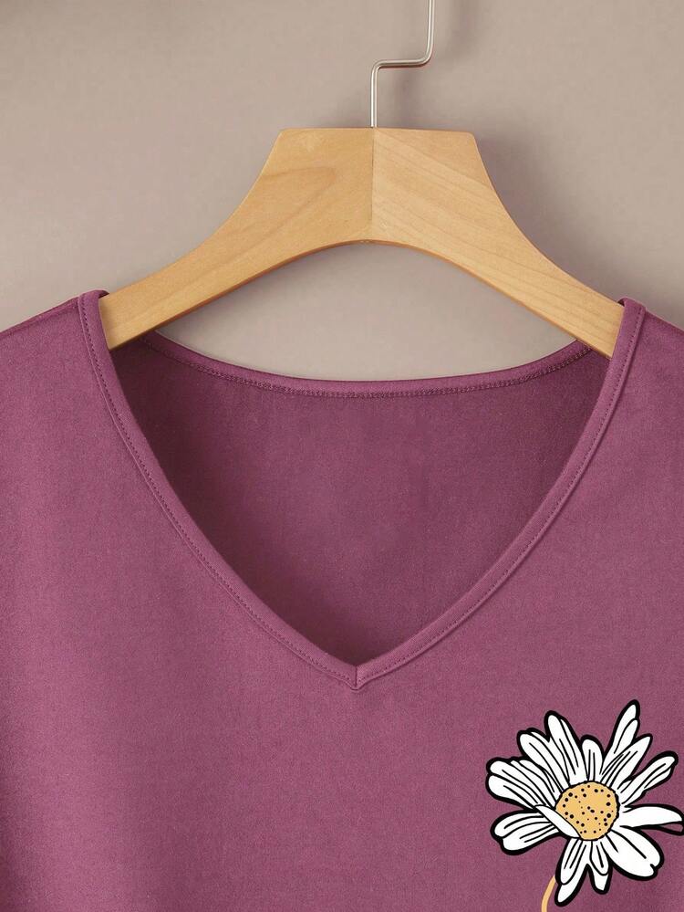 IslaSuriya Floral And Letter Graphic Tee Graphic Tees Women Tops - Dusty Purple - View 4