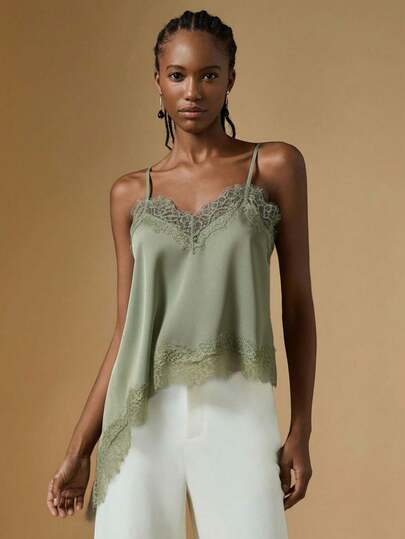 Briarwyn 女士夏季时尚纯色撞色蕾丝不对称下摆吊带背心