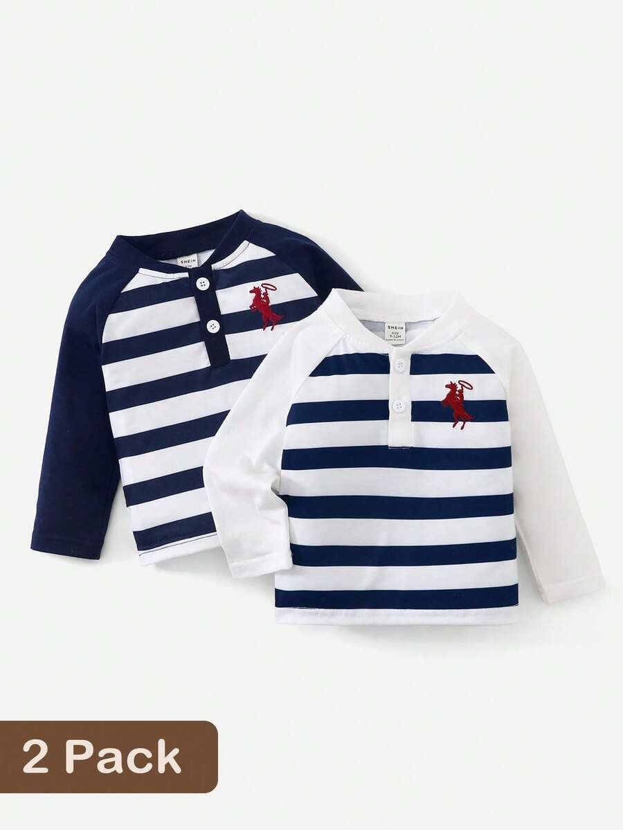 SHEIN Playful Pals 2pcs Baby Boys' Casual All-Match Embroidered Contrast Color Raglan Long Sleeve T-Shirt Tops Baby Boy Tops Baby Sailor Navy Outfit Baby Boy Full Sleeve Tshirts Toddler Striped Shirt