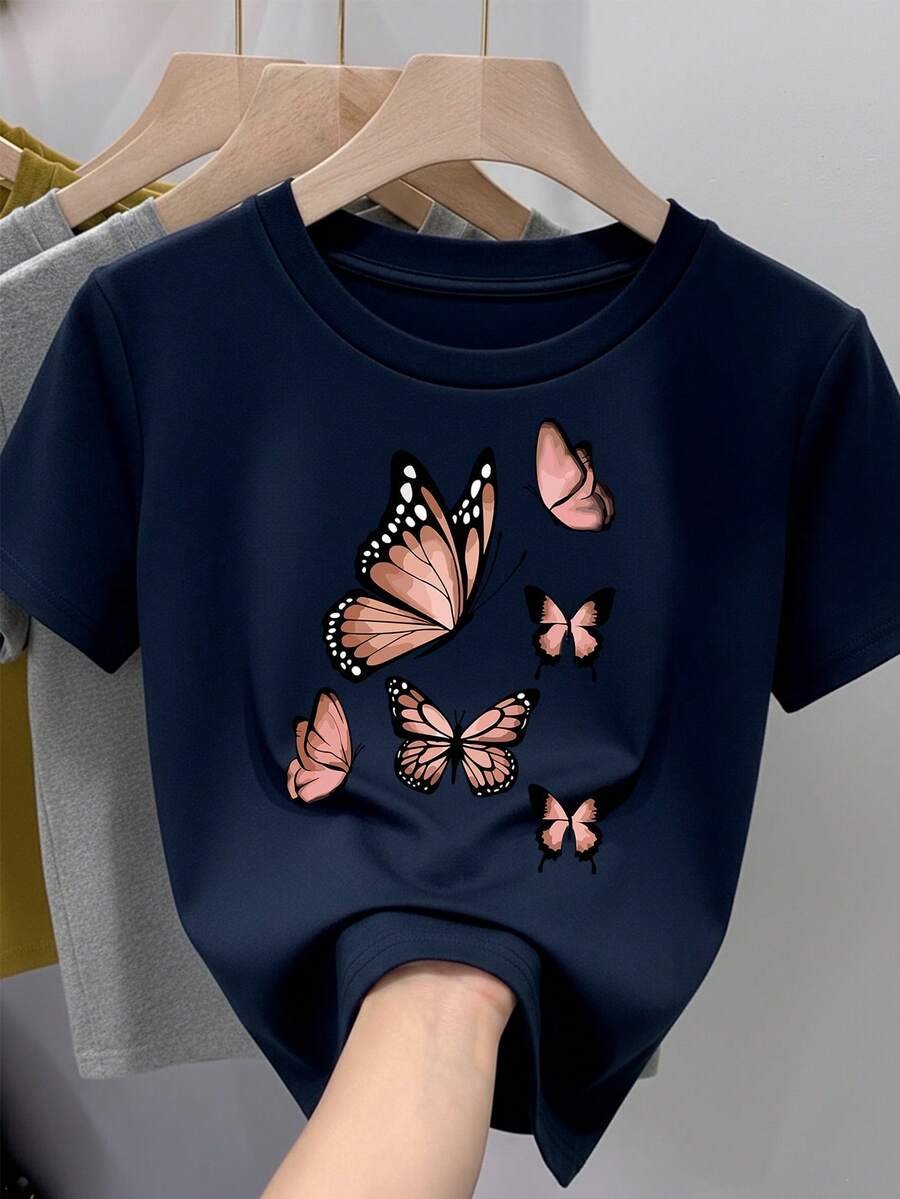 Camiseta para mujer de 100% algodón, suave y cómoda de manga corta y cuello redondo con estampado de mariposas monarca - Azul Marino - Ver 1