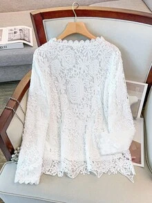 SHEIN CURVE+ Áo ren cổ tròn màu trơn thanh lịch cỡ lớn cho nữ, áo dài tay cho mùa thu - trắng - Xem 2
