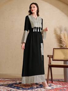 Al Najma Women's Elegant Arabic Style Splice Fringe Sleeve Long Dress, Arabian Dresses - Black - View 3